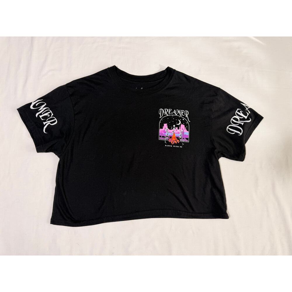 Weekend Warrior Dreamer Skeleton Crop Top Medium Black Graphic Tee